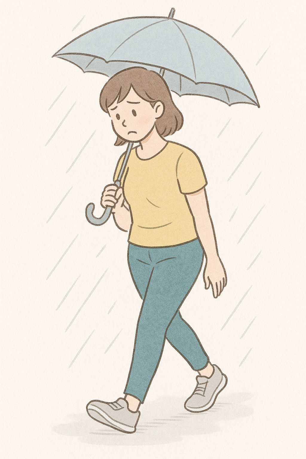 傘をさして、イヤそうな表情でウォーキングをしている女性のイラスト