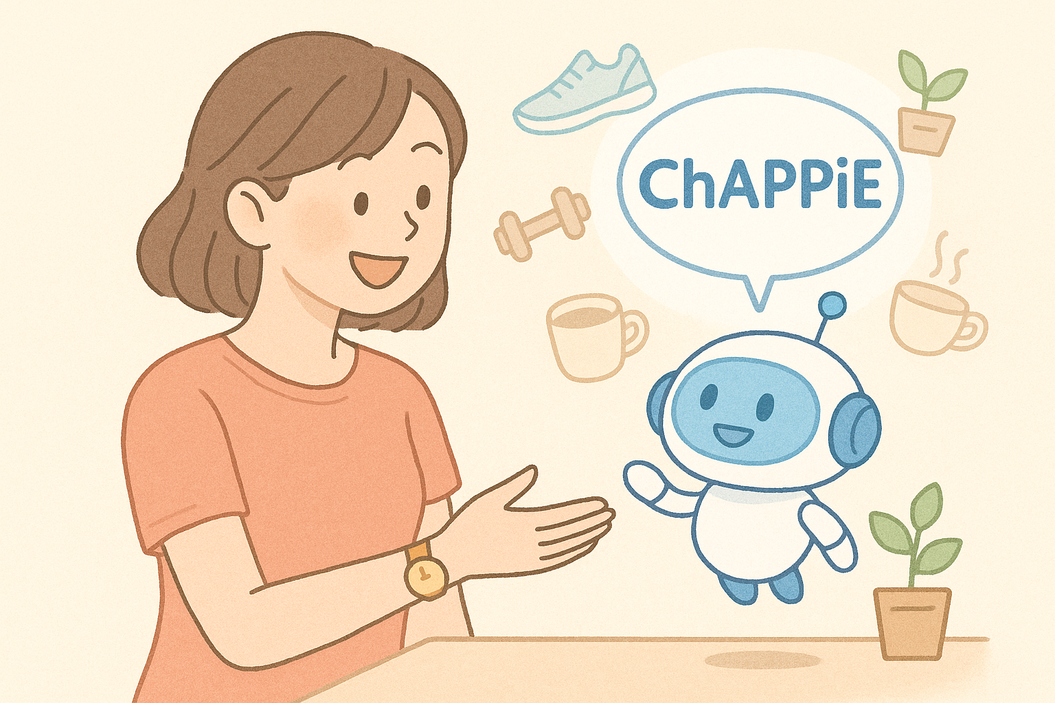 可愛いAIキャラのチャッピーと、楽しそうに会話している女性の柔らかいイラスト