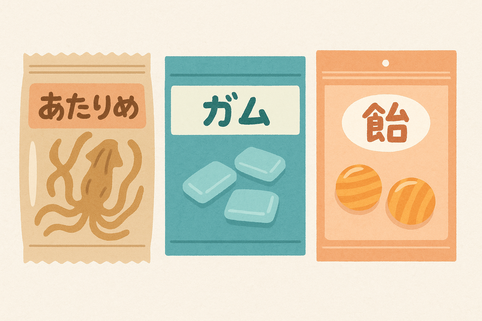 あたりめ、ガム、飴、の暖かみのあるパッケージのイラスト