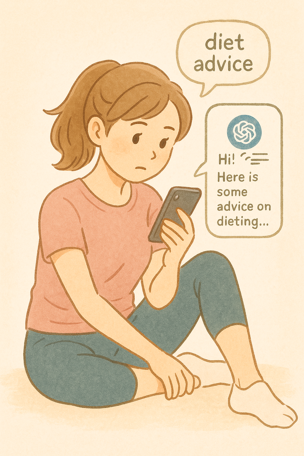 ダイエットのアドバイスをスマホでChatGPTに相談している女性のイラスト