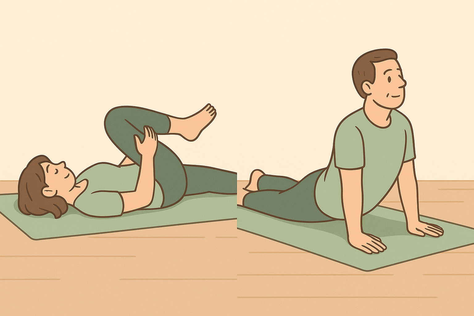 股関節ストレッチとコブラのポーズをする男女のイラスト