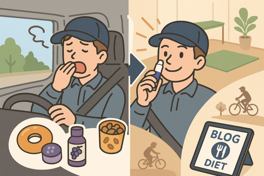 トラック運転手がヤードムを吸って、眠気からスッキリした表情になるイラスト