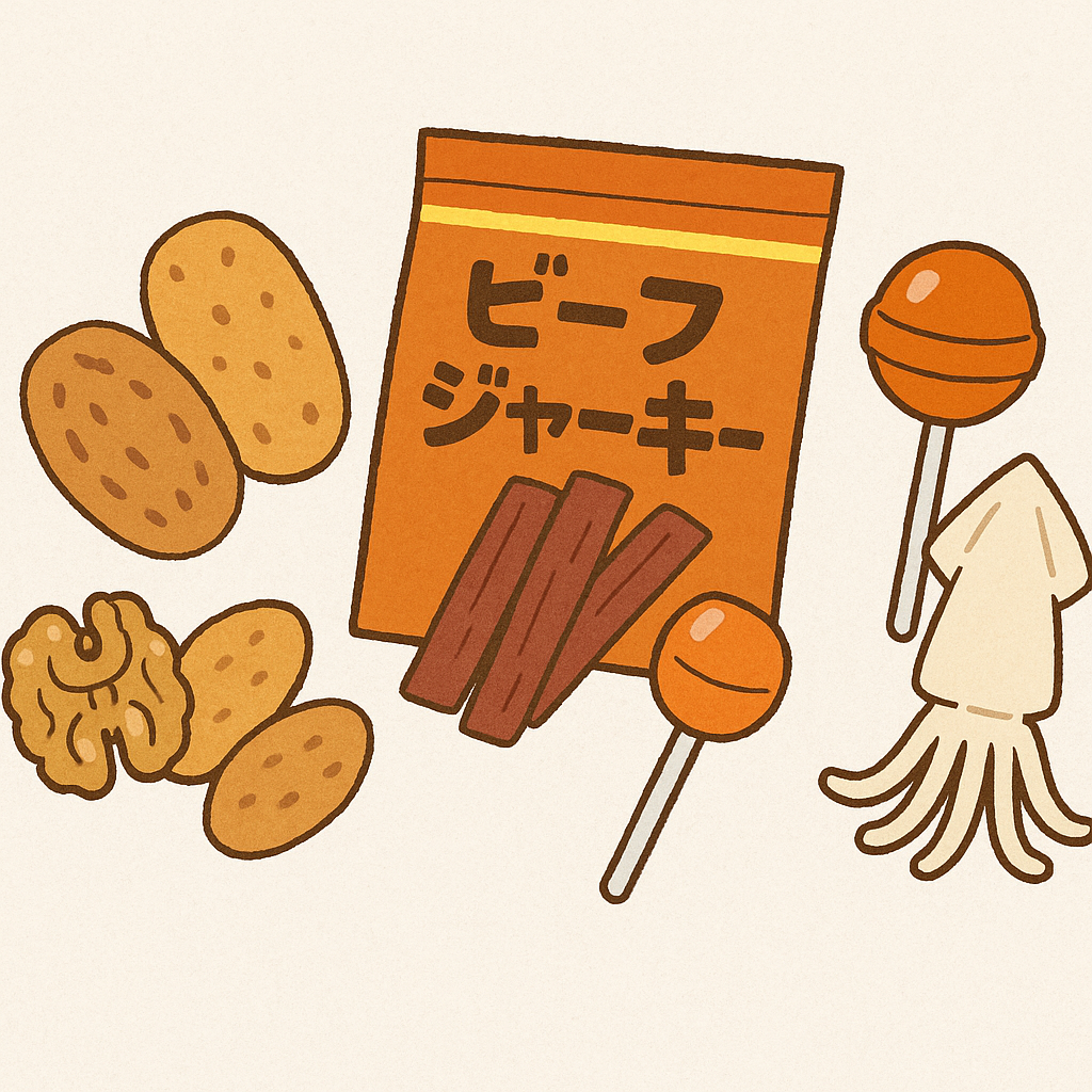 煎餅・ビーフジャーキー・飴・ナッツ・イカ・あたりめのイラスト