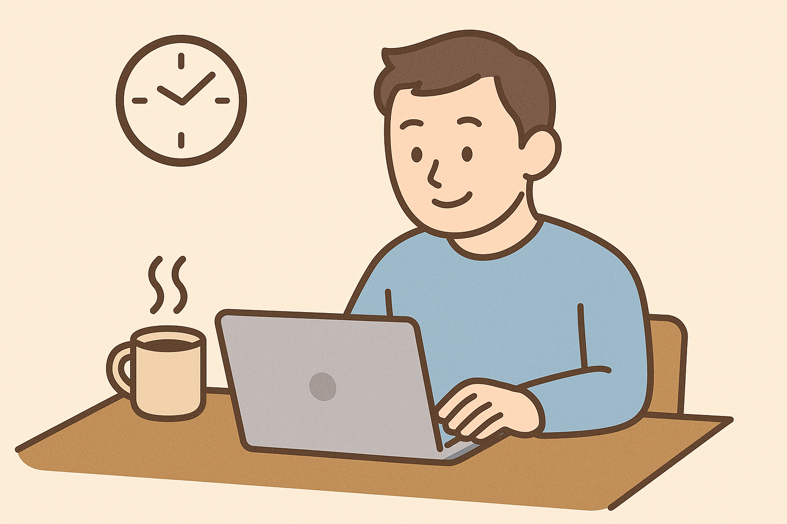 帰宅後、コーヒーを飲みながら副業のブログ制作をしている男性のイラスト。