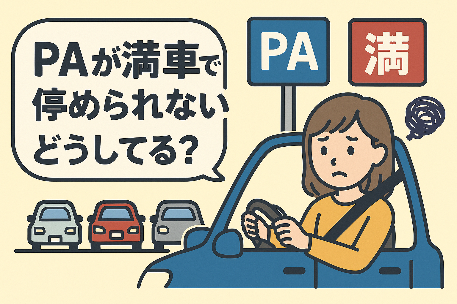 パーキングエリアの入口で「満車」表示を見て困った表情をする女性ドライバーのイラスト。