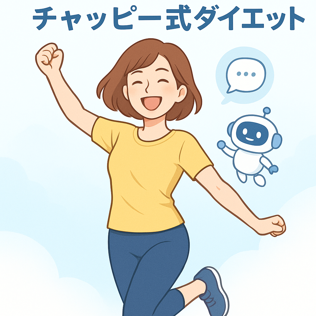 1ヶ月でマイナス8kgを達成した女性とAIトレーナーのキャラクターが喜んでいるイラスト