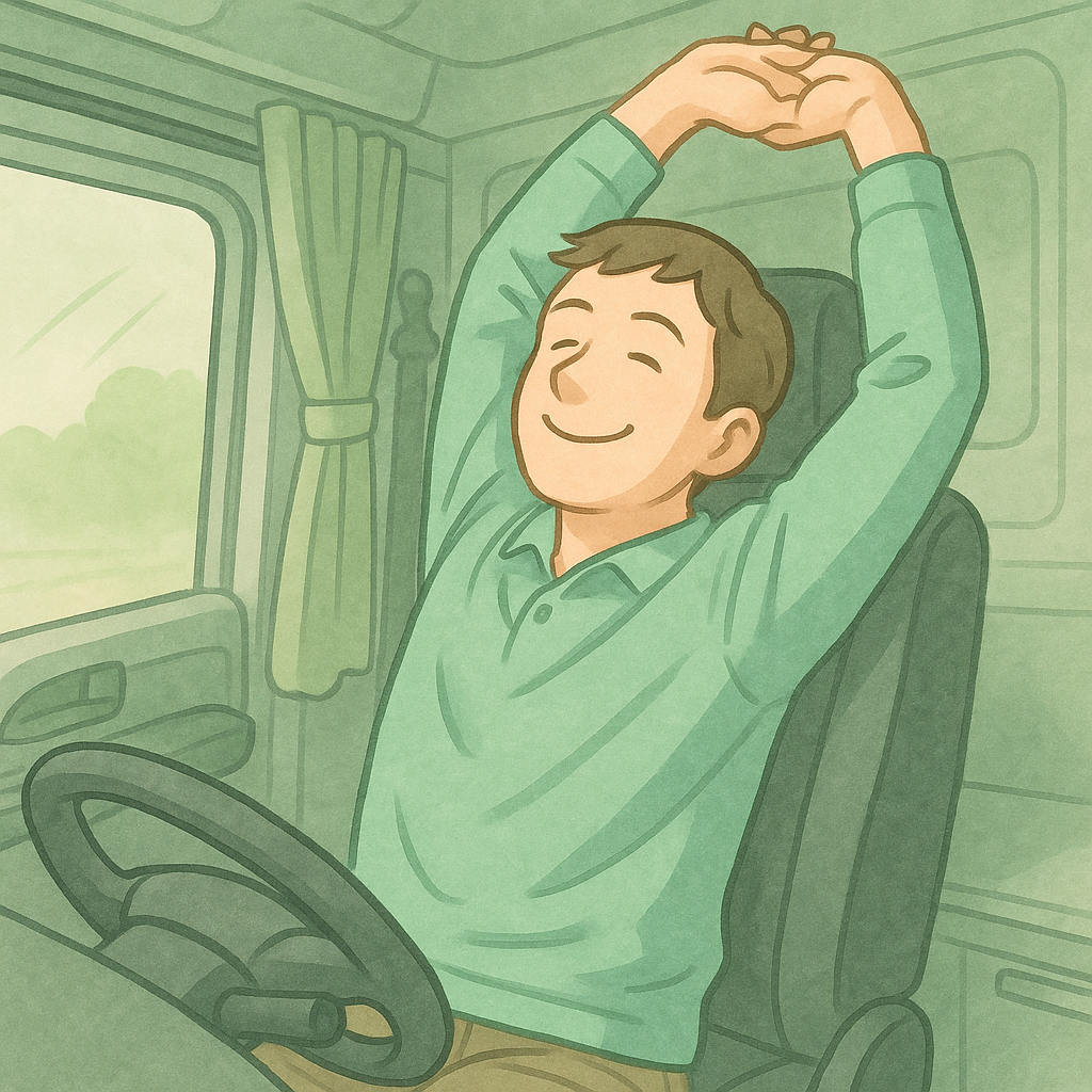 トラックの運転席で笑顔の男性運転手が、背もたれにもたれながら両腕を頭上に伸ばし、気持ちよさそうにストレッチしているイラスト