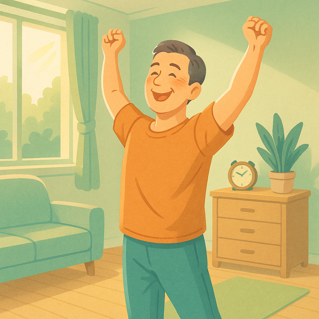 朝日が差し込む部屋で気持ちよさそうに両腕を上げて体を伸ばしている男性のイラスト