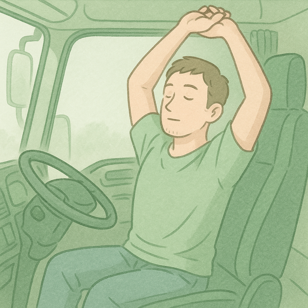 トラックの運転席に座ったまま、目を閉じてリラックスしながら腕と背中をゆっくり伸ばしている男性運転手のイラスト