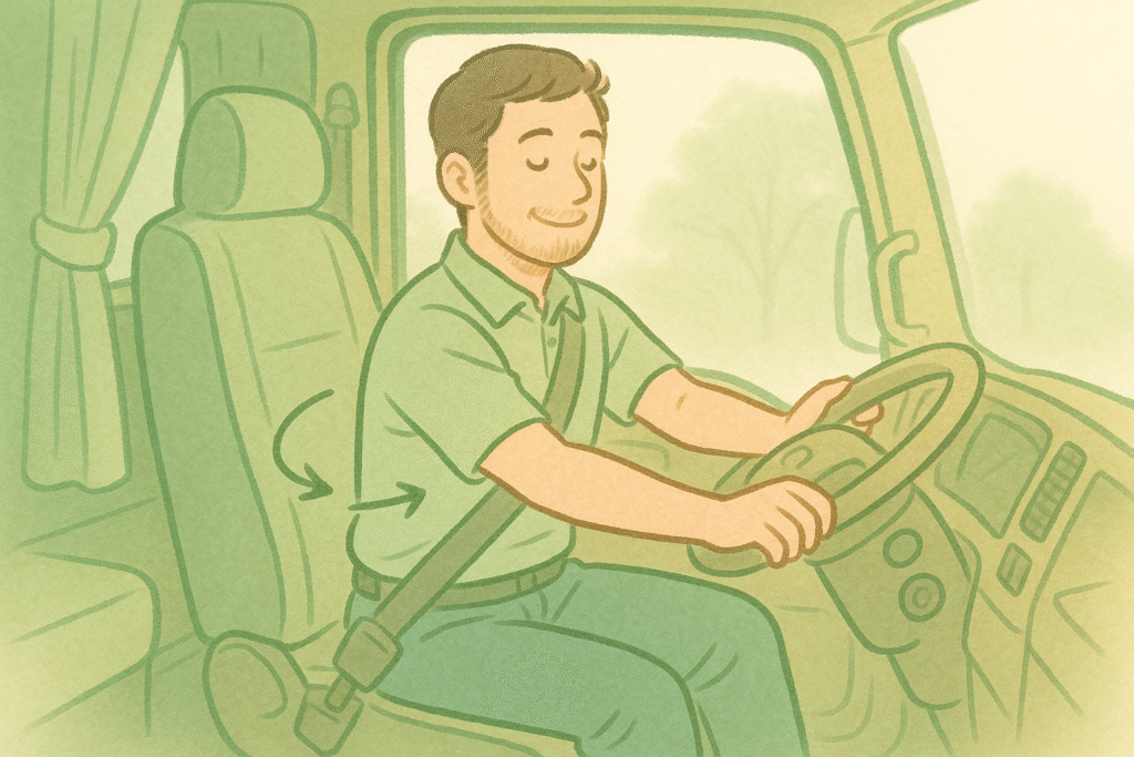 トラックのハンドルを持ったまま、上半身を右にひねってストレッチしている男性運転手。シートベルトを着けた状態で、自然に体をねじっている様子