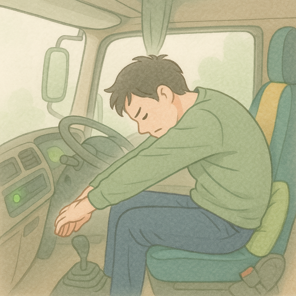 トラックの座席に深く座った男性運転手が、両腕を前に伸ばしながら背中を丸めているストレッチのイラスト。集中した表情が特徴