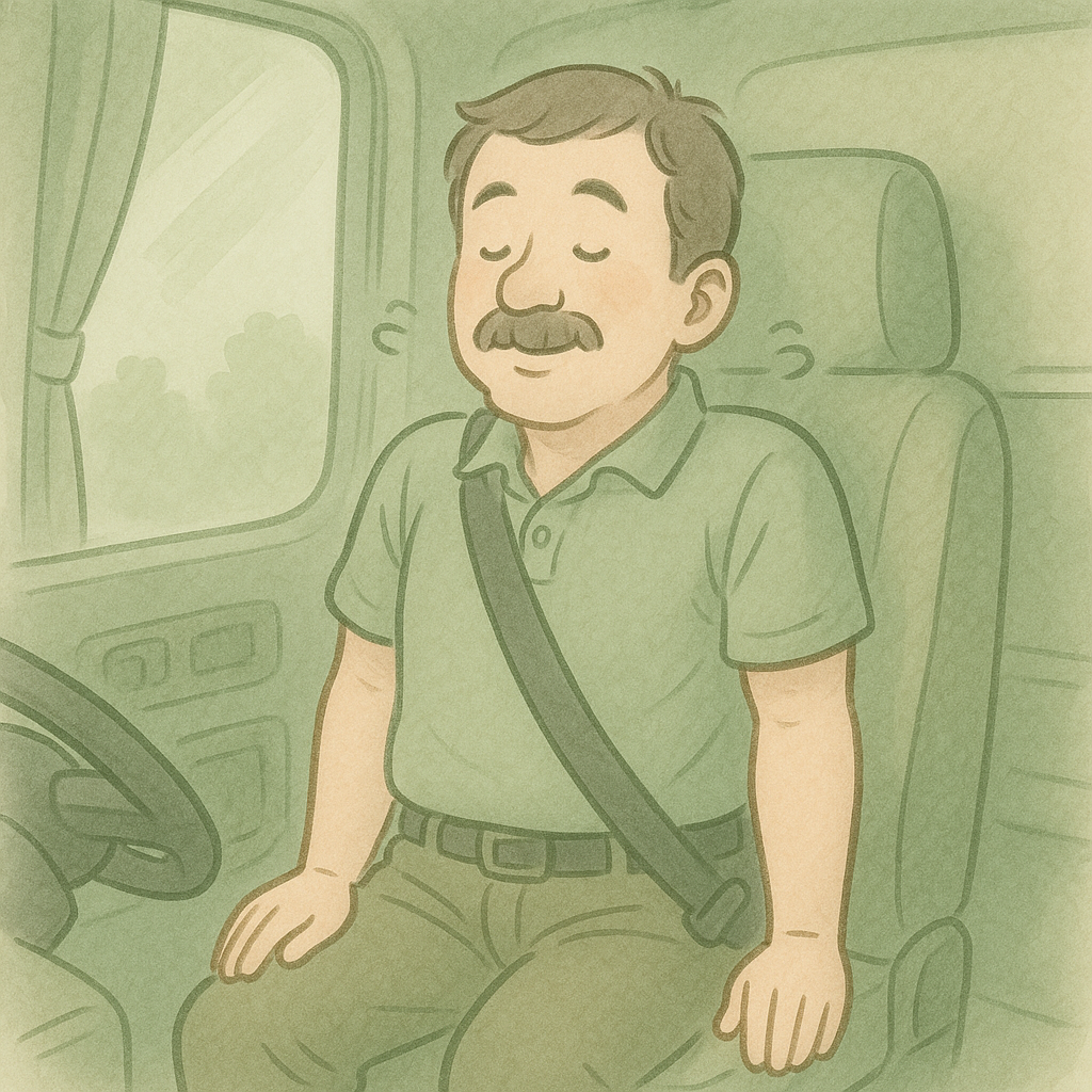 背筋を伸ばして座った男性運転手が、両肩をすくめるように力を入れてシュラッグをしているイラスト。真剣な表情でトレーニング中
