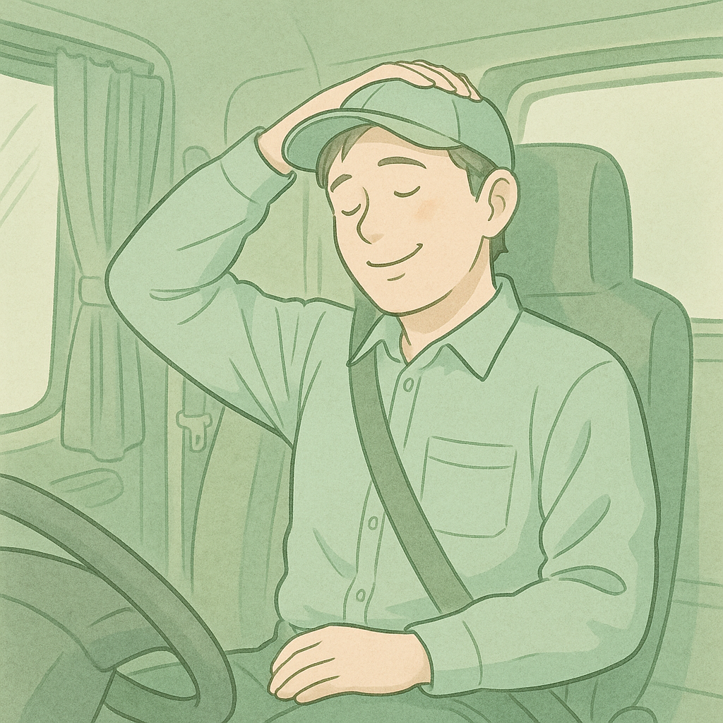 トラックのシートに座った男性運転手が、片手で頭を支えて首をゆっくり横に倒しながらストレッチしているイラスト。リラックスした笑顔