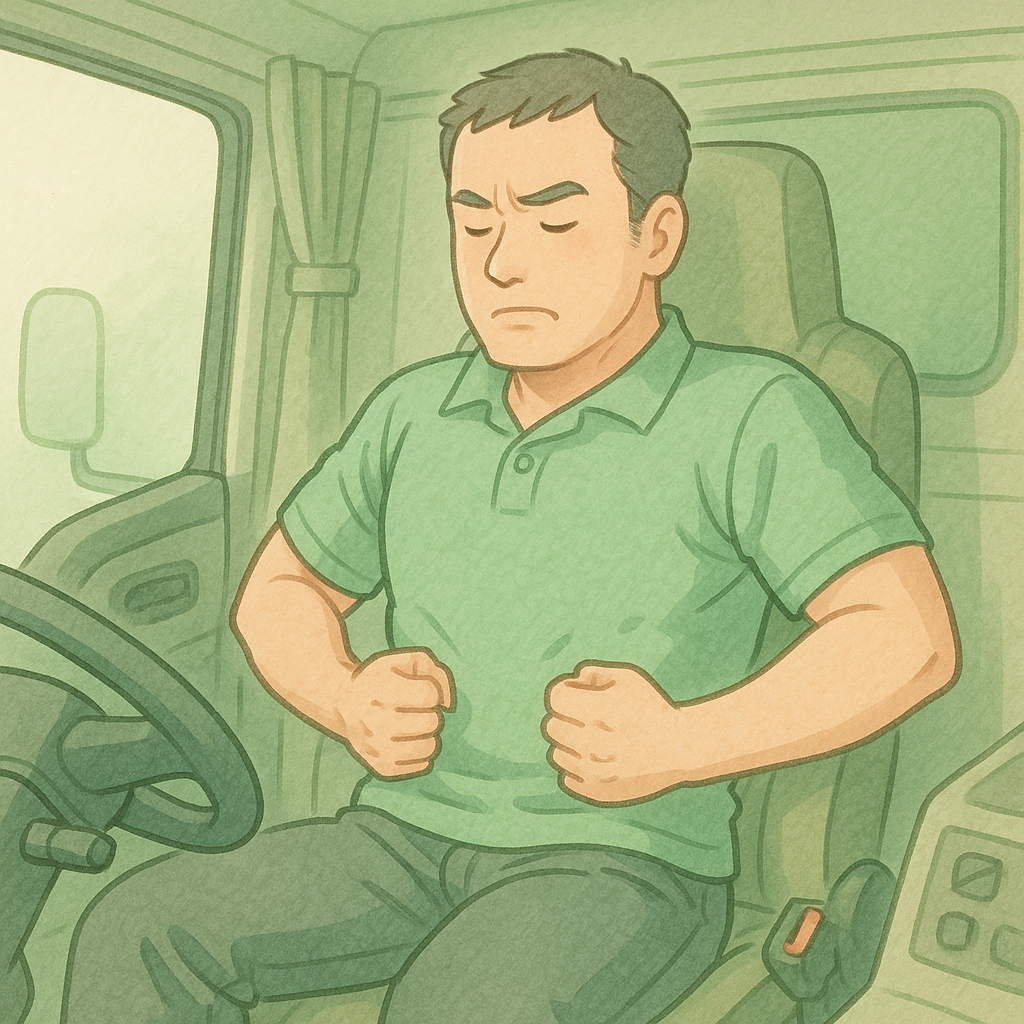 トラックの運転席で背筋を伸ばして座り、腹筋にグッと力を入れて集中している男性運転手のイラスト