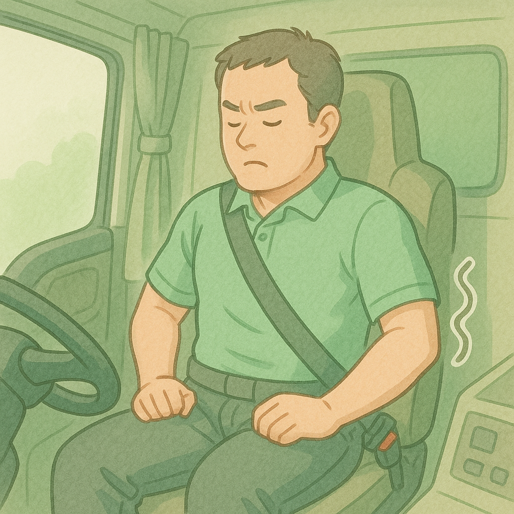 真剣な表情で、お尻を締めるトレーニングをしている男性トラック運転手のイラスト