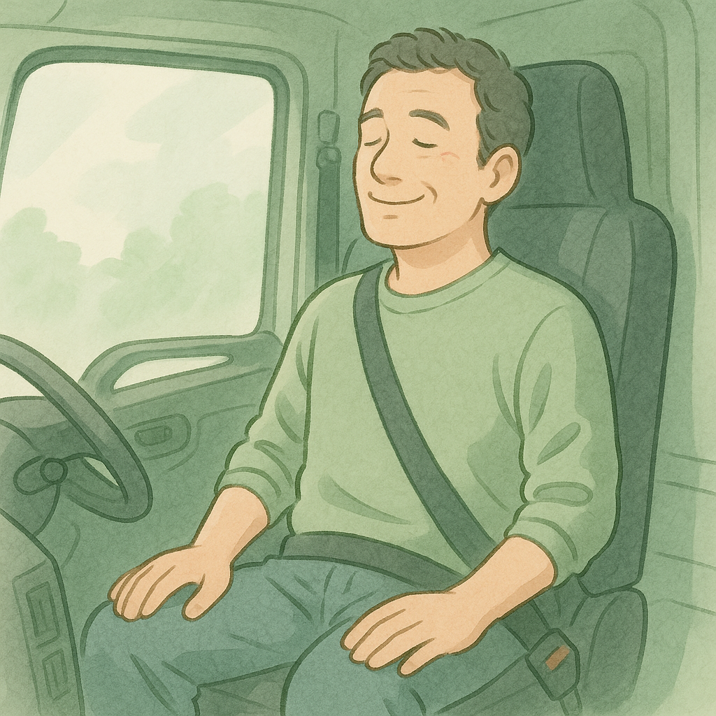 トラックの運転席に座った中年の男性運転手が、目を閉じて微笑みながらリラックスしているイラスト。ストレッチや筋トレの効果で体が軽くなった様子が穏やかに描かれている