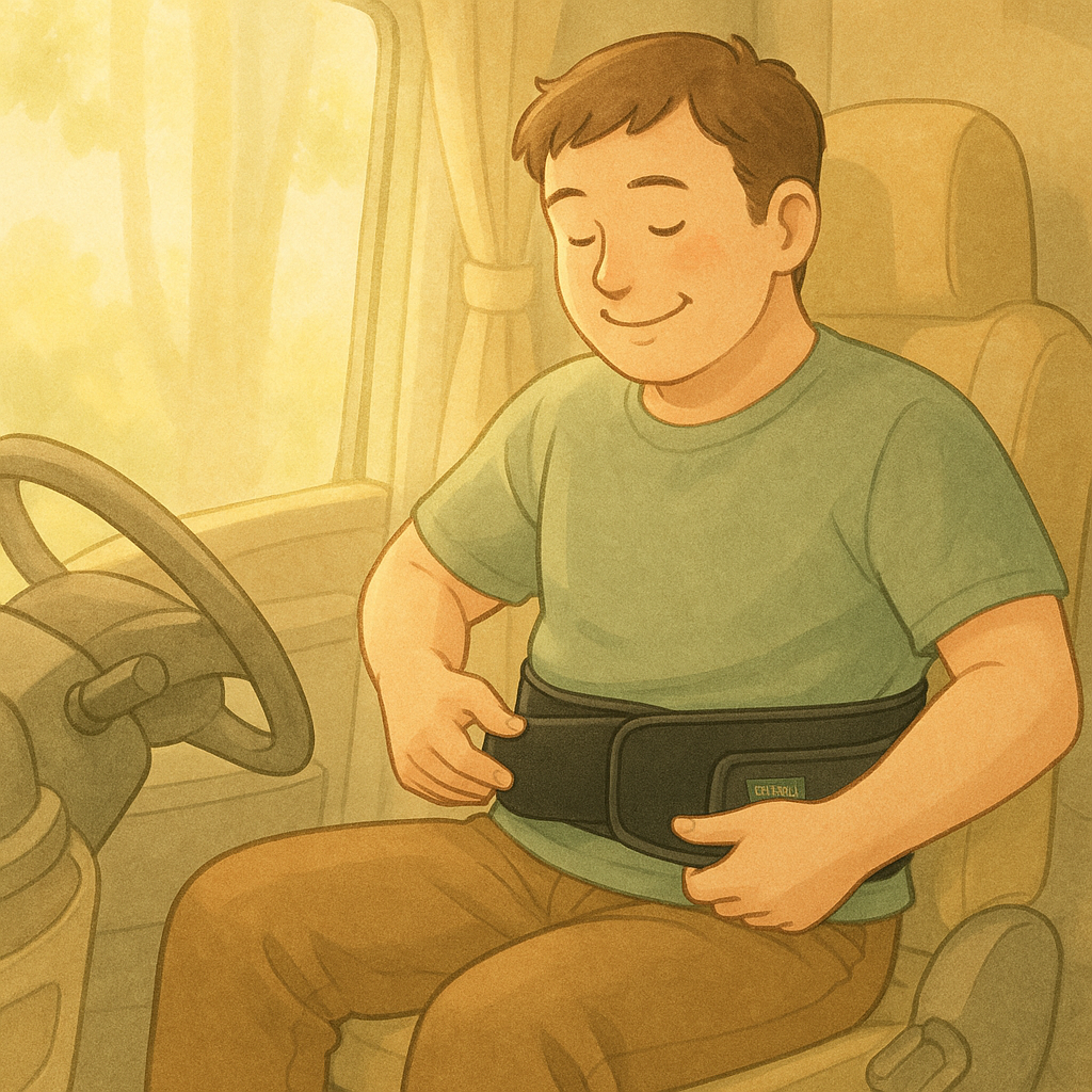 トラックの運転席に穏やかな表情で座る男性運転手のイラスト。腰に優しく手を当てながらリラックスした様子で、淡い緑色を基調とした柔らかい雰囲気のイラスト調