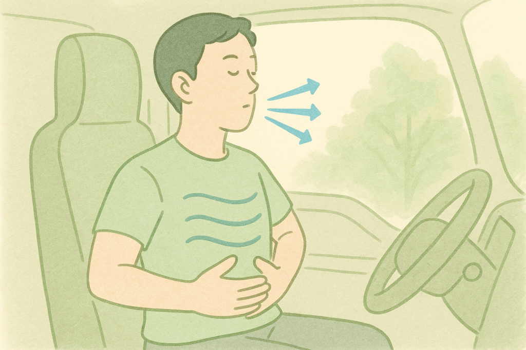 トラックで休憩中に良い姿勢でドローインをしている男性のイラスト