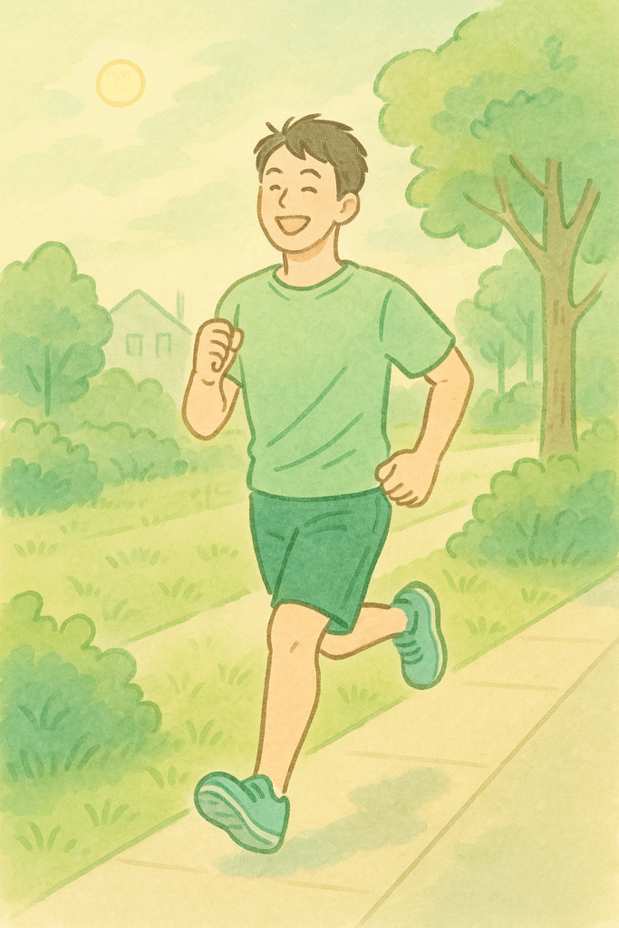 天気の良い早朝、気持ちよさそうに笑顔で軽いランニングをしている男性のイラスト