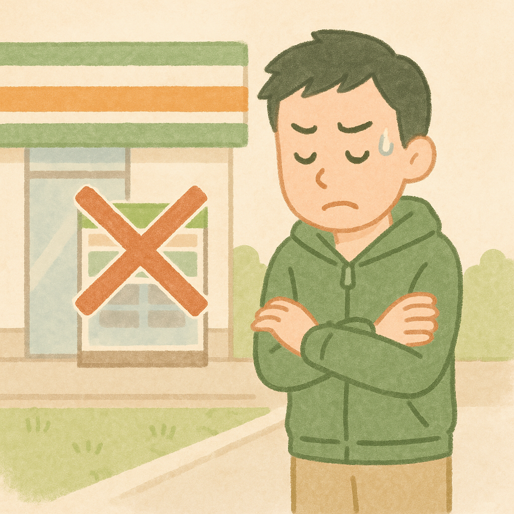 コンビニに行きたいが、行くのを腕を組みながら必死で我慢している男性のイラスト