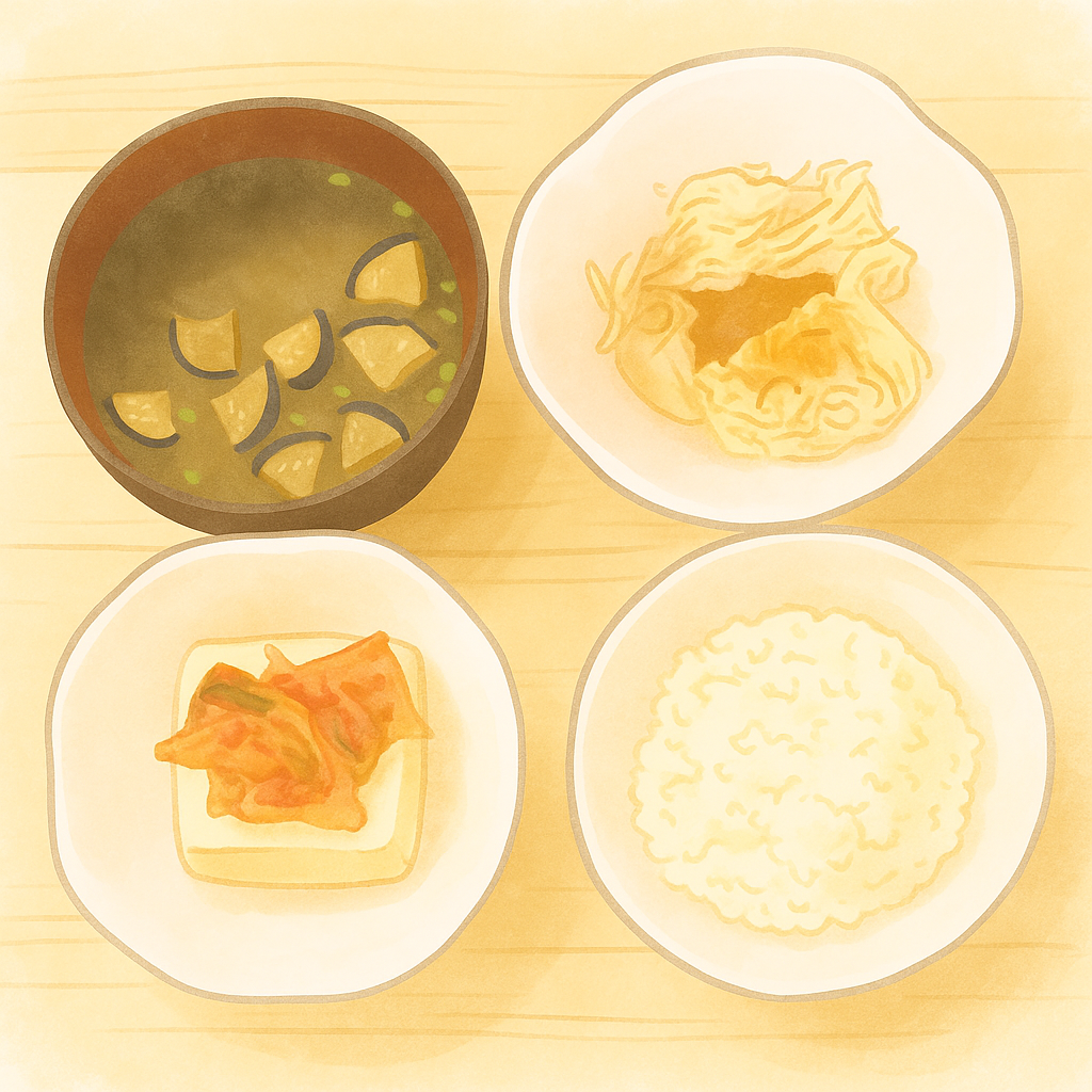 ご飯、味噌汁、ゆでた鶏胸肉、豆腐の上にキムチをのせた、朝ご飯のイラスト