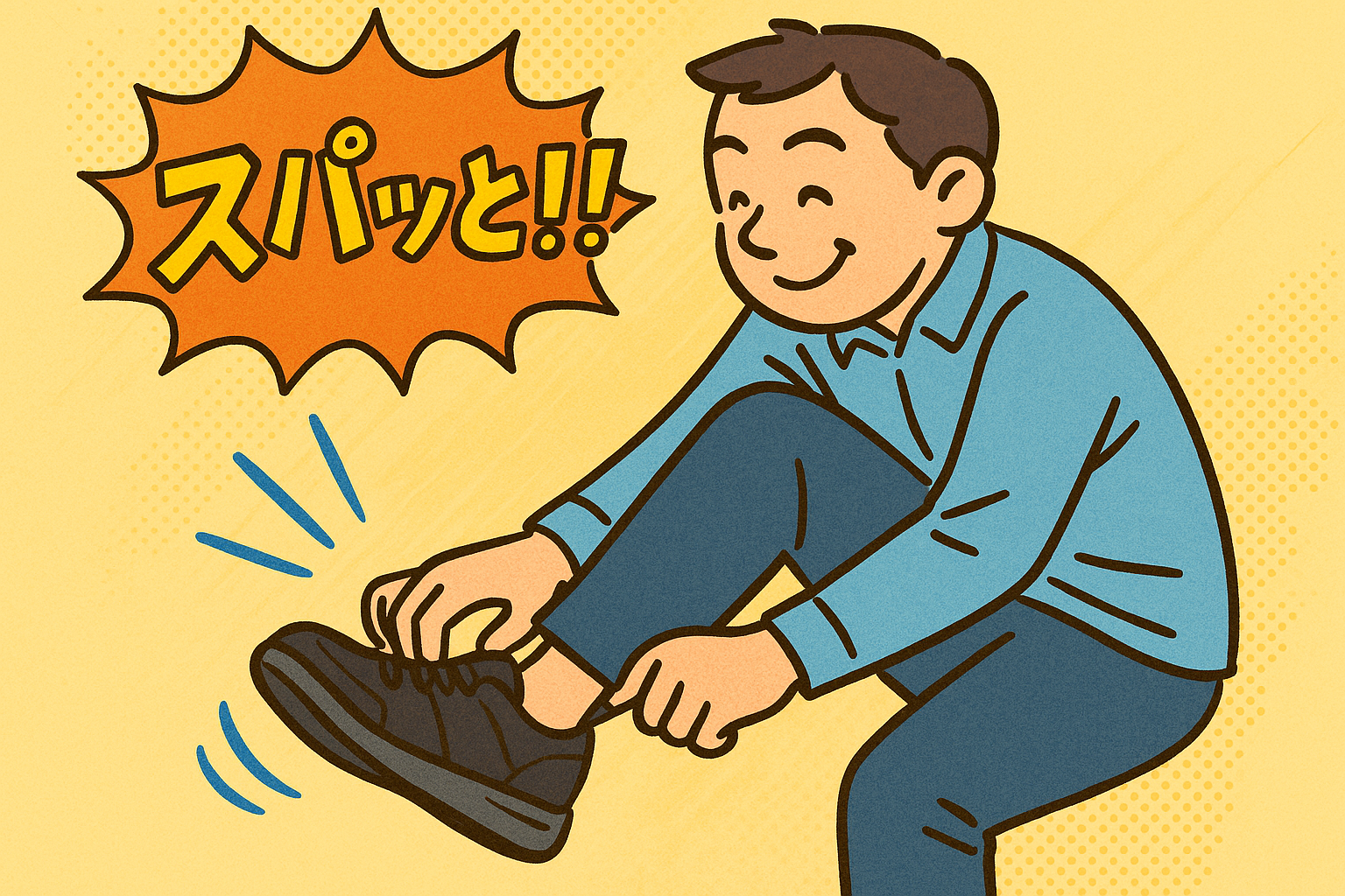 スパッと履ける靴をラクに履いて笑顔になっている男性のイラスト