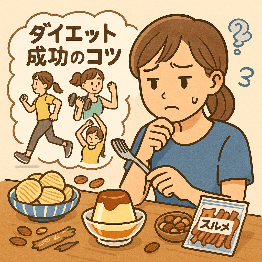 プリンやお菓子を目の前に、一口だけ食べるか葛藤して悩んでいる女性のイラスト