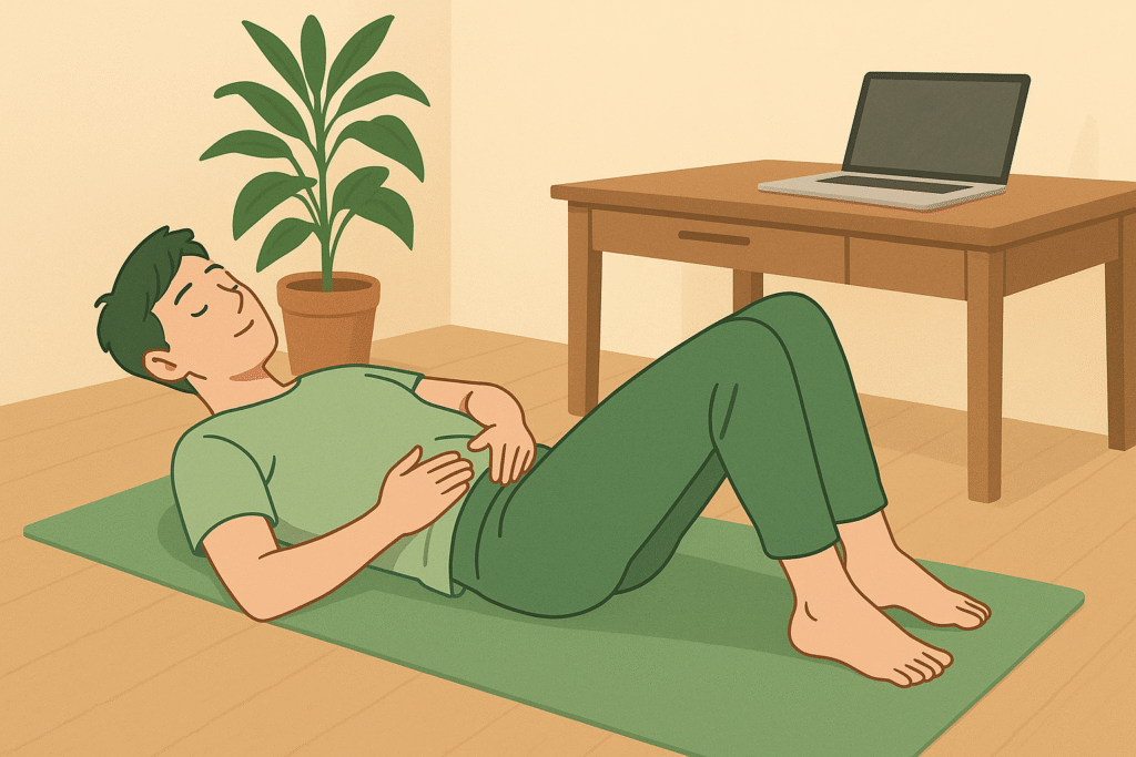 仰向けでドローインをしている男性のイラスト
