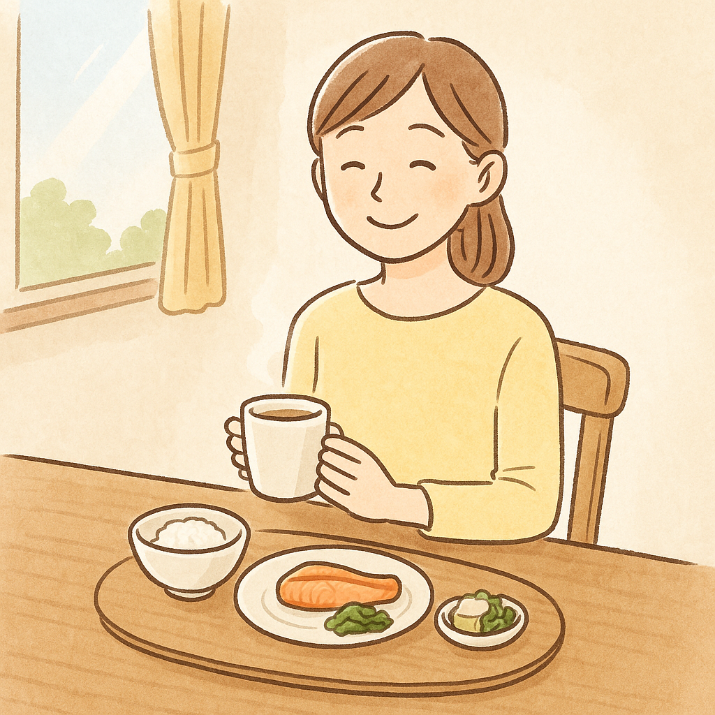 少なめの朝食を前に笑顔の女性のイラスト