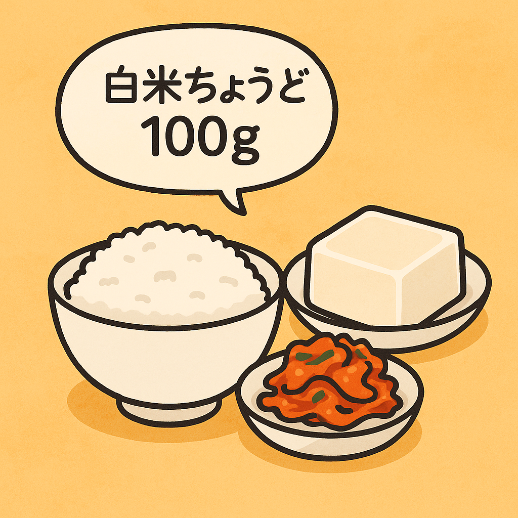 ご飯100gと豆腐、キムチのイラスト