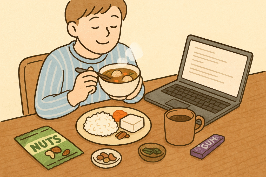 朝ごはんを自分のペースで楽しみながら、笑顔で過ごすイラスト