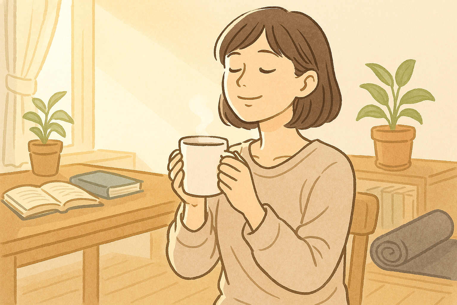 朝日が差し込む部屋で朝のコーヒーを気持ちよさそうに飲んでいる女性のイラスト