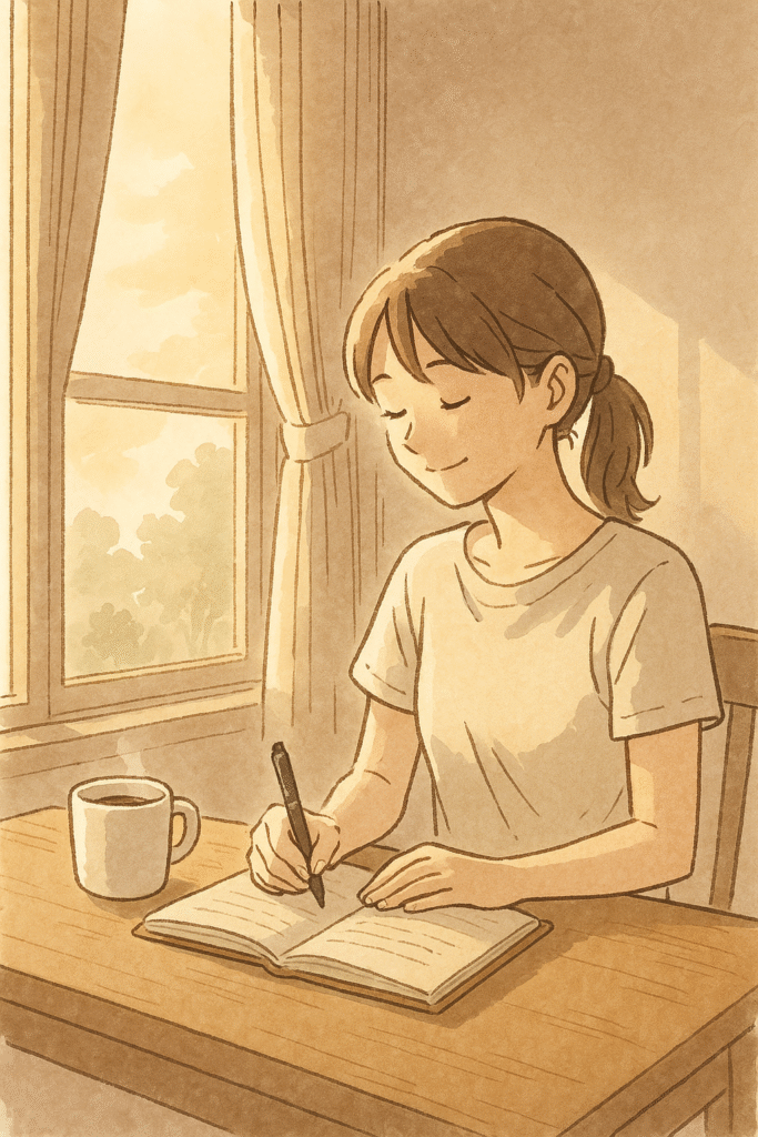 朝活の一環で、やわらかな朝日を浴びながら日記を書く女性の様子