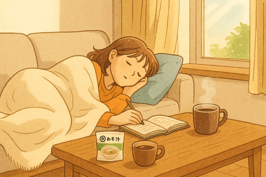 ソファーでうたた寝(寝落ち)をしている女性のイラスト