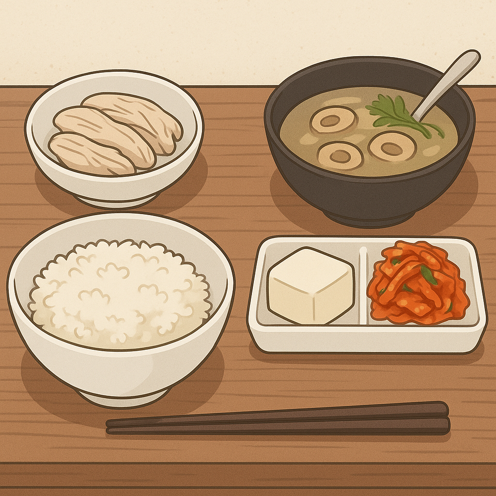 ダイエット中のシンプルな和食をイラストで描いた食卓の風景。ご飯、味噌汁、豆腐、鶏胸肉などが並ぶ朝食シーン。