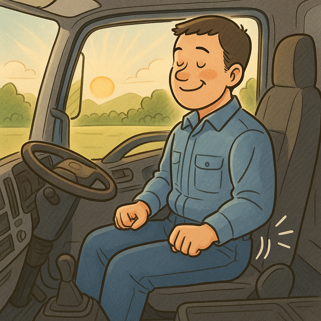 運転席に座っているトラック運転手が、こっそりお尻に力を入れている様子のイラスト