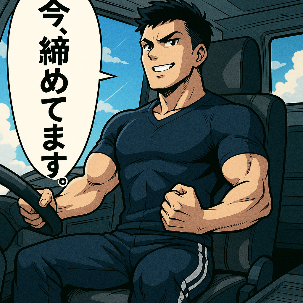 運転中のトラック運転手が、お尻にこっそり力を入れて姿勢を正している様子を描いたイラスト。セリフ風に「今、締めてます」とつぶやいている。