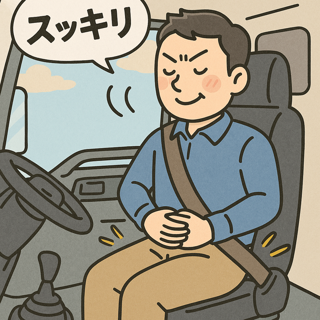 長時間の運転後、お尻の運動を続けて痛みが楽になったトラック運転手の気持ちよさそうでスッキリした笑顔のイラスト