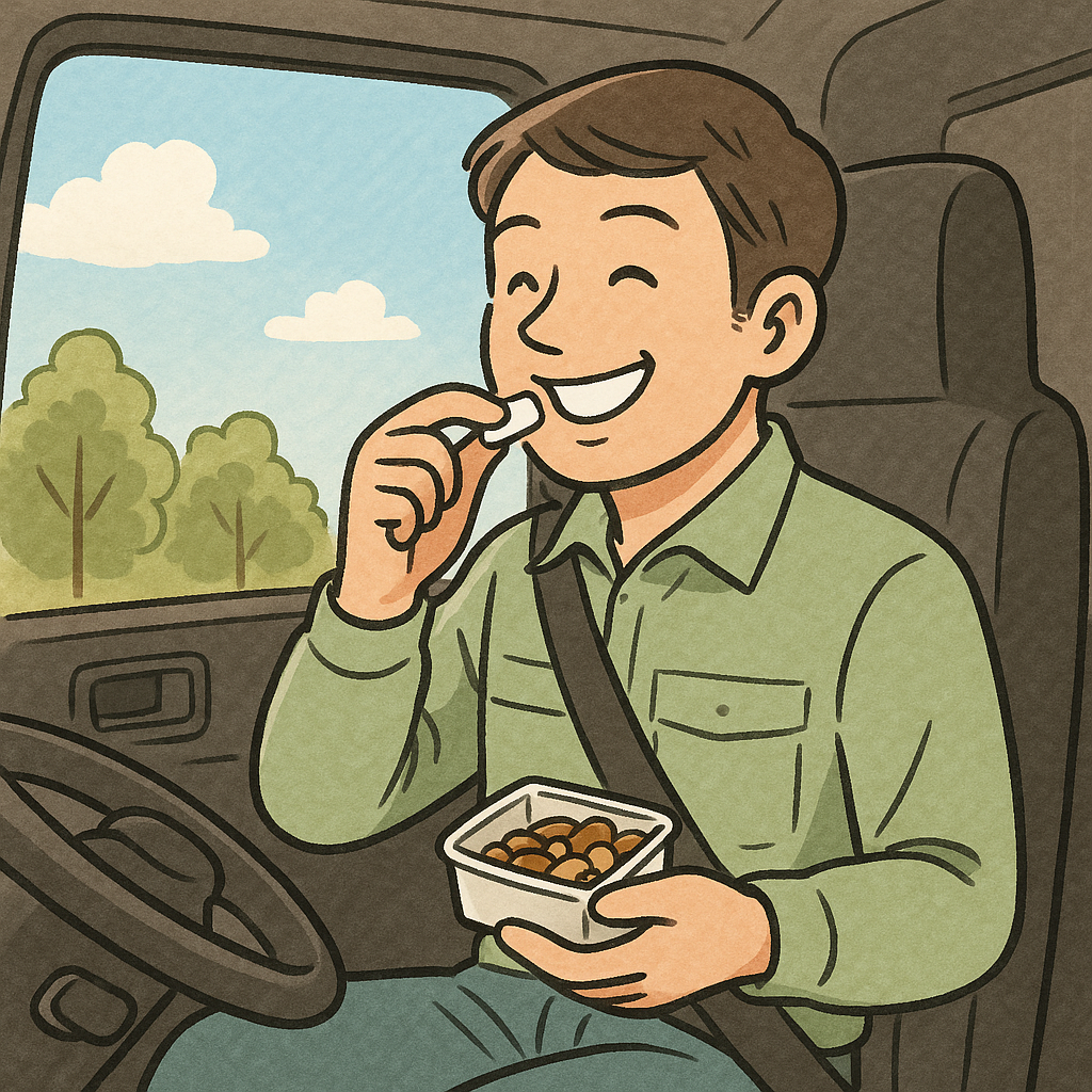 運転席でナッツをつまんでいるトラック運転手のイラスト。