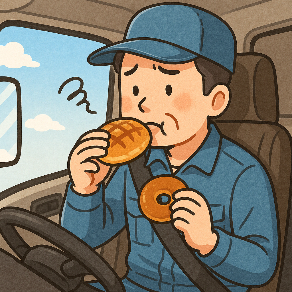 パンをモグモグして、食べ過ぎだな…と、ちょっと後悔しているトラック運転手のイラスト