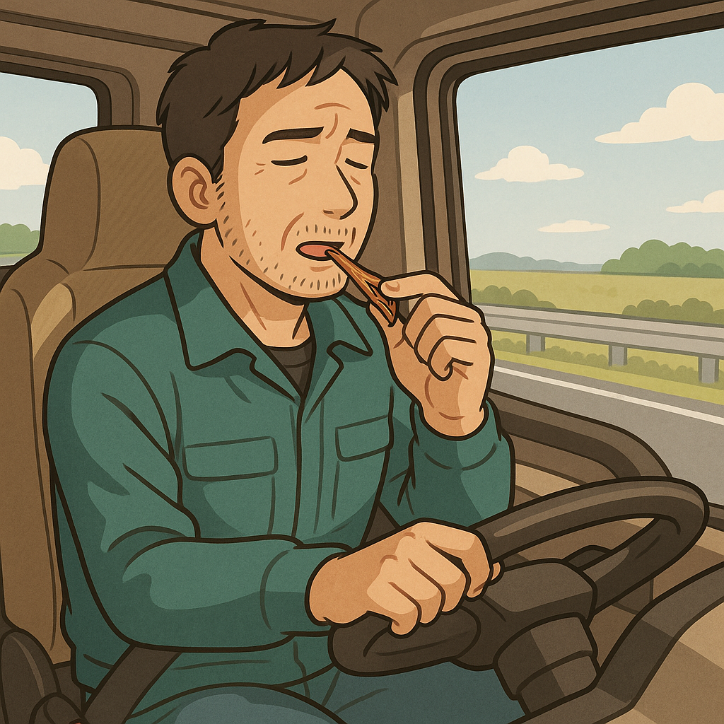 運転手が眠気覚ましに”あたりめ”を食べているイラスト
