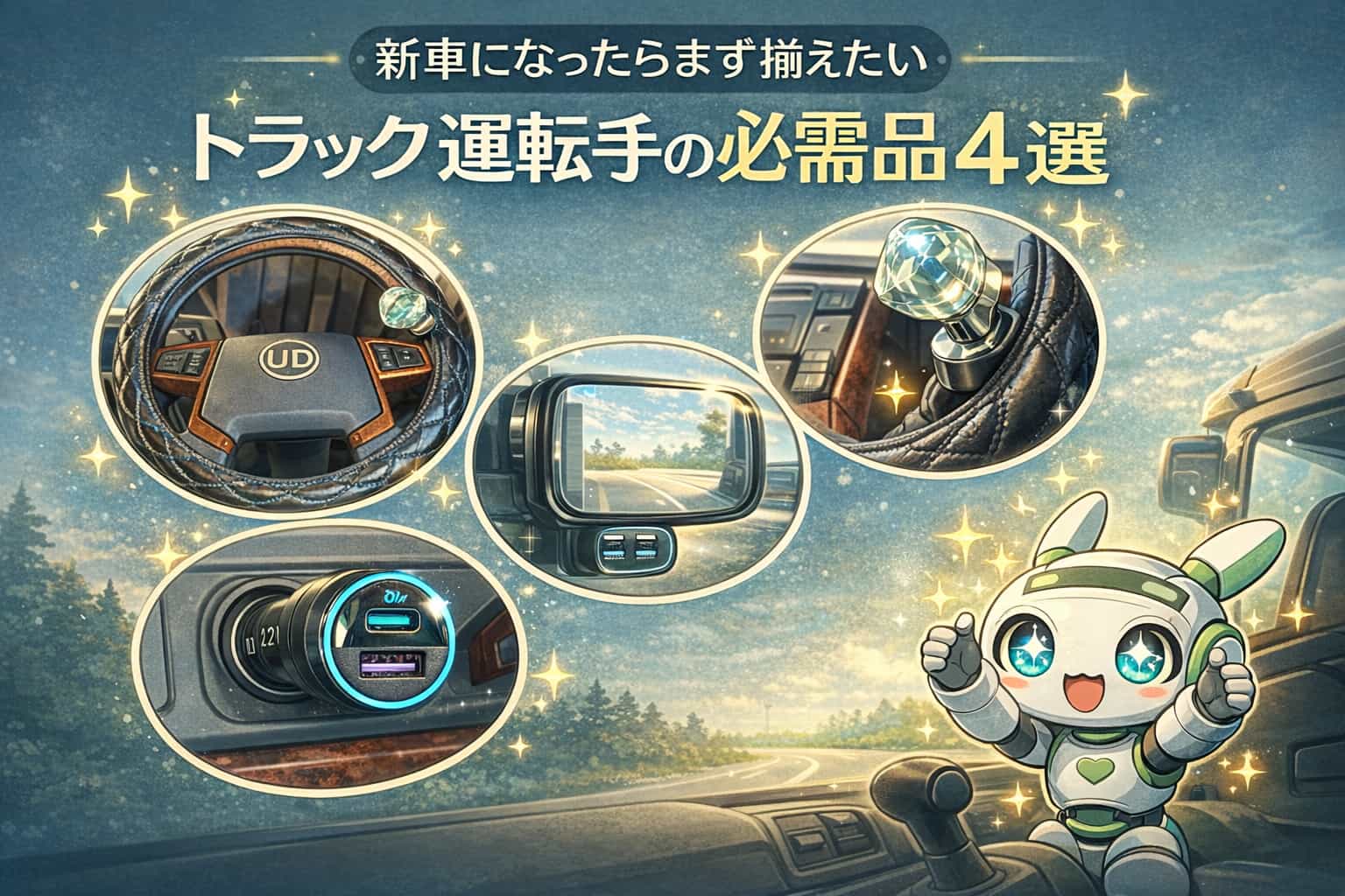 新車になったらまず揃えたいトラック運転手の必需品4選。ハンドルカバー、USBソケット、拡大鏡、ハンドルスピンナーのイラスト