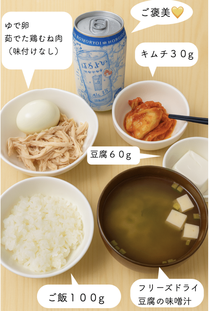 ご飯、鶏肉、ゆで卵、豆腐、キムチ、味噌汁、ご褒美の缶チューハイが写った写真