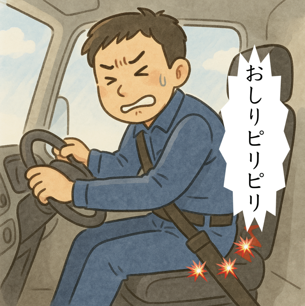 男性トラック運転手が座りっぱなしでお尻が痛くなって苦しそうにしているイラスト
