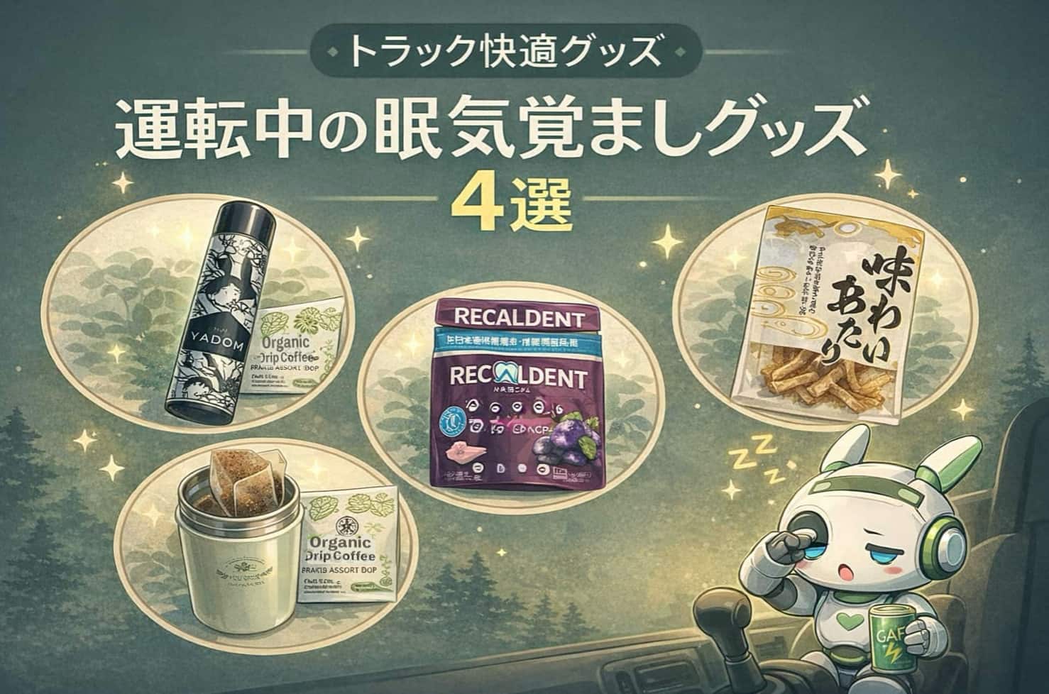 トラック運転中の眠気覚ましグッズ4選。ヤードム、グレープガム、コーヒー、あたりめを紹介するイラストアイキャッチ