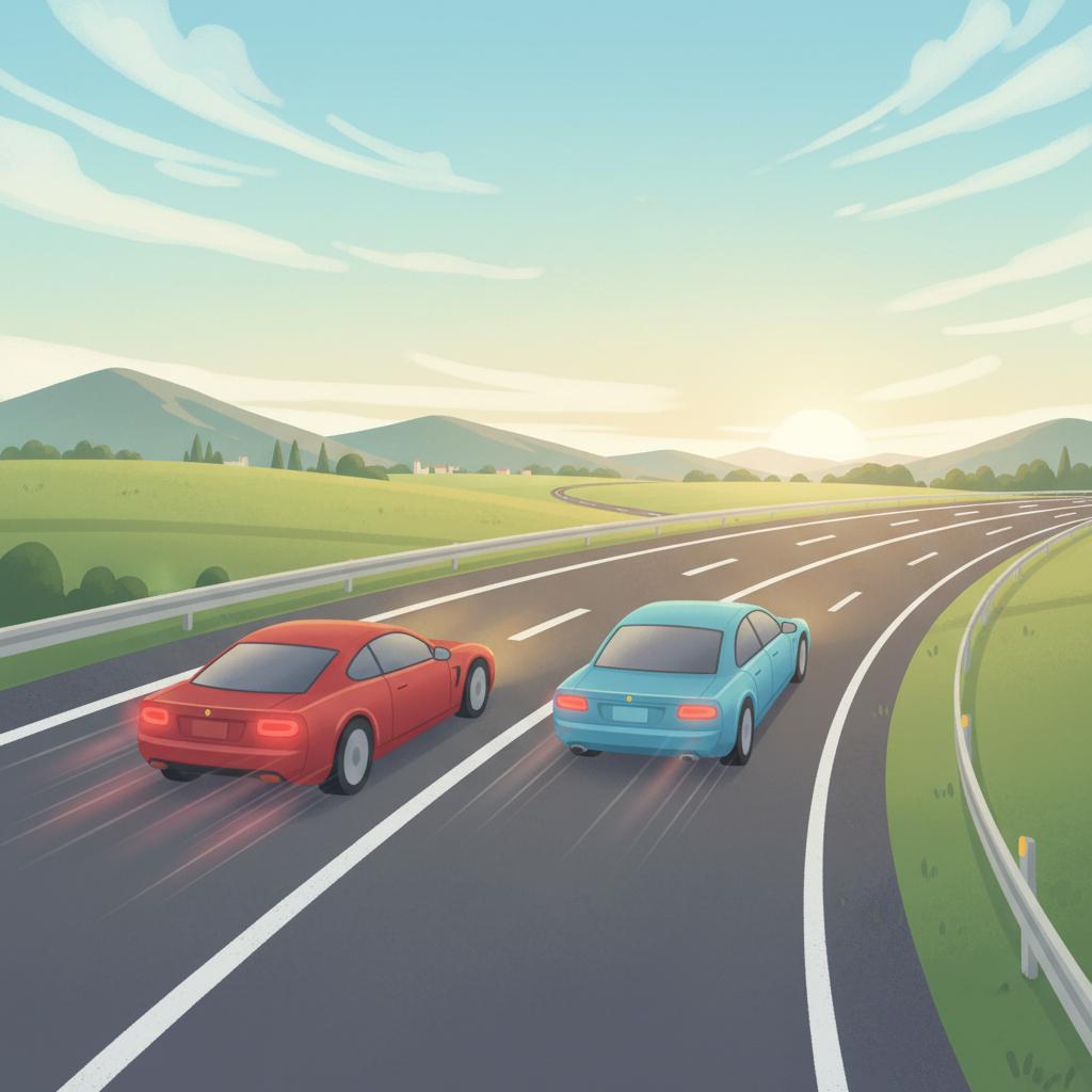高速道路の合流地点。合流する車を入れまいと加速していく青い車。そんな場面を表現したイラスト。