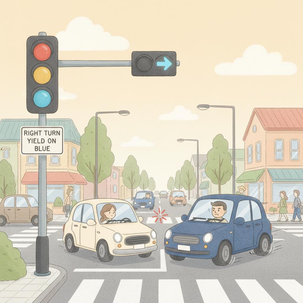 交差点でのひと場面、右直事故になりかけているイラスト。