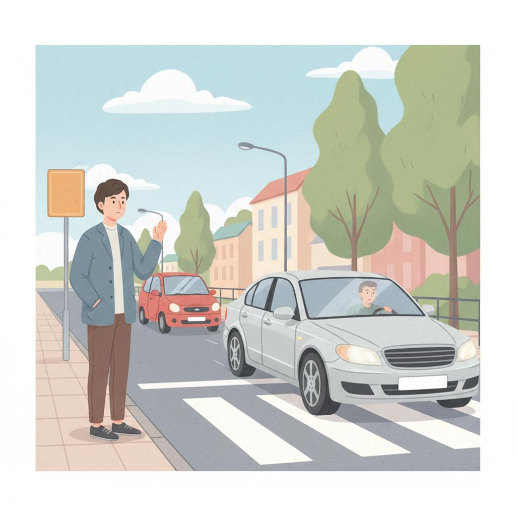 信号機のない横断歩道で待っている男性。車がなかなか止まってくれない場面のイラスト。