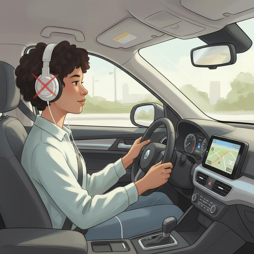 イヤホン（ヘッドホン）をしたまま運転している若者のイラスト。ヘッドホンにはダメの×印。