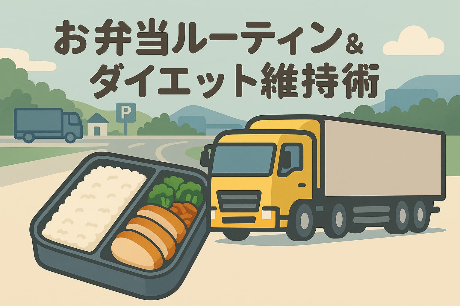 黄色い大型トラックとお弁当箱が並び、健康的なお弁当の中身が描かれたイラスト。